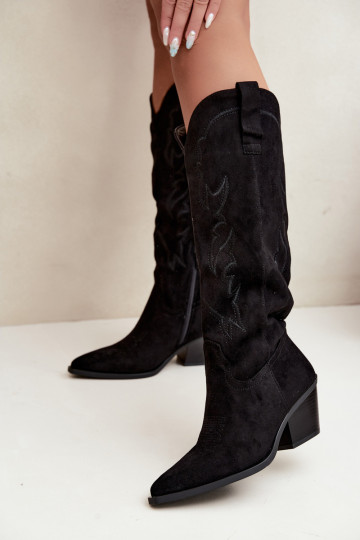 dames cowboy-stijl kniehoogte laarzen met hakken van faux suede in zwart Merise
