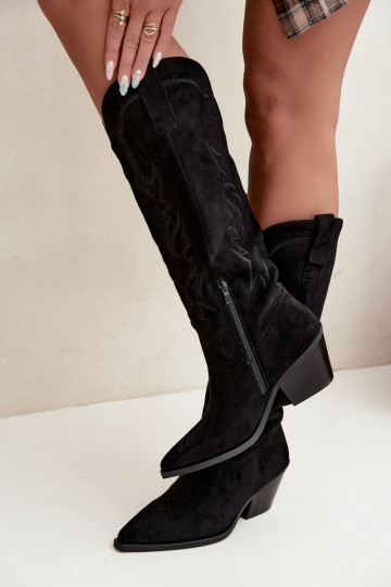 dames cowboy-stijl kniehoogte laarzen met hakken van faux suede in zwart Merise 2