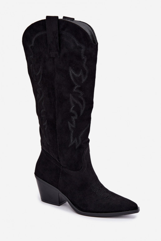 dames cowboy-stijl kniehoogte laarzen met hakken van faux suede in zwart Merise