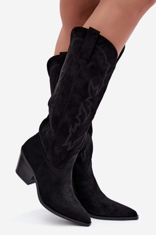 dames cowboy-stijl kniehoogte laarzen met hakken van faux suede in zwart Merise