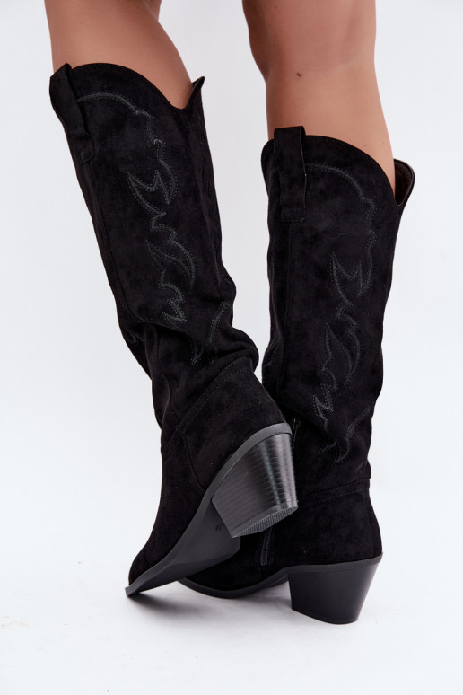 dames cowboy-stijl kniehoogte laarzen met hakken van faux suede in zwart Merise
