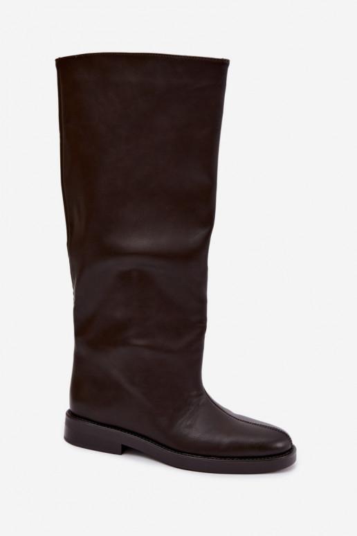 dames kniehoogte laarzen met brede hakken en decoratieve stiksels in chocolade Gresa
