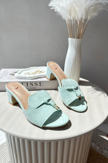 dameslippers met faux-suede hakken in muntkleur 2