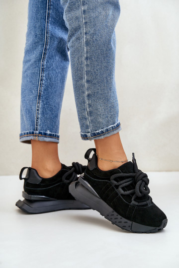dames suède sneakers met platform en robuuste vetersluiting Artiker 54C1464 in zwart