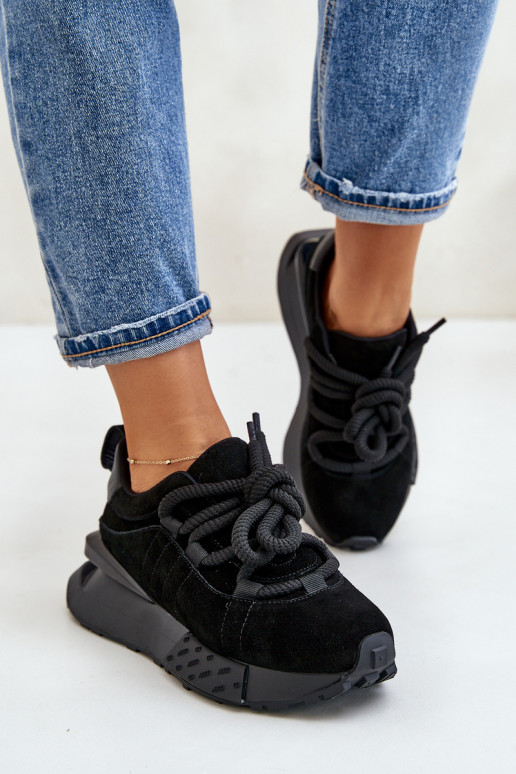 dames suède sneakers met platform en robuuste vetersluiting Artiker 54C1464 in zwart