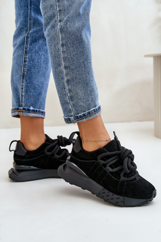 dames suède sneakers met platform en robuuste vetersluiting Artiker 54C1464 in zwart