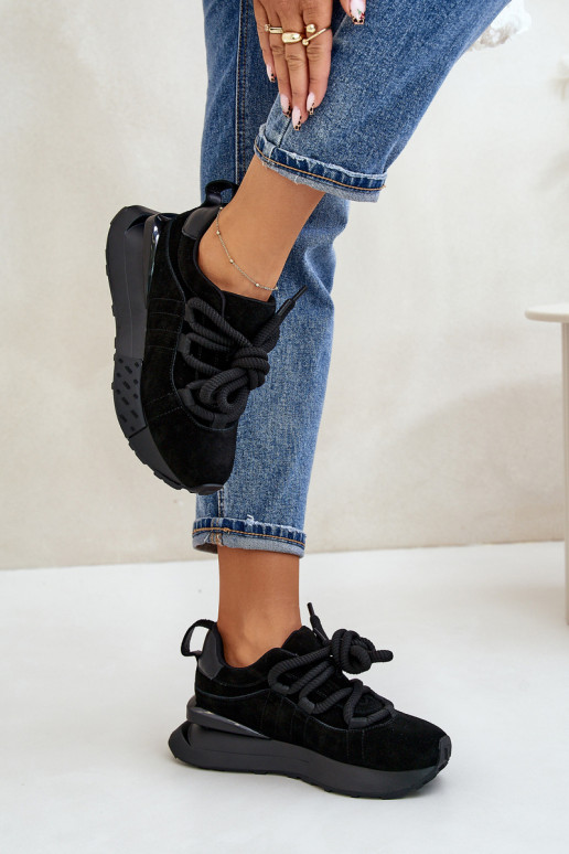 dames suède sneakers met platform en robuuste vetersluiting Artiker 54C1464 in zwart