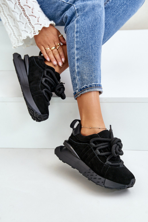 dames suède sneakers met platform en robuuste vetersluiting Artiker 54C1464 in zwart