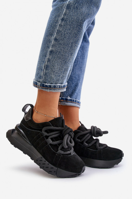 dames suède sneakers met platform en robuuste vetersluiting Artiker 54C1464 in zwart