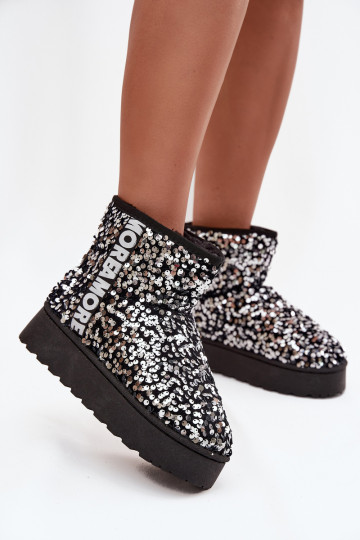dames sneeuwlaarzen met platform, versierd met pailletten in zwart en zilver