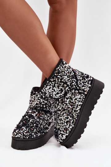 dames sneeuwlaarzen met platform, versierd met pailletten in zwart en zilver 2