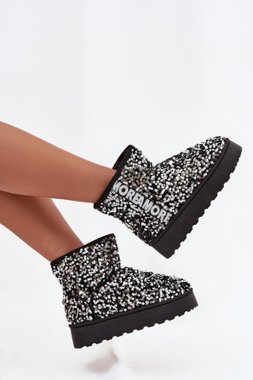 dames sneeuwlaarzen met platform, versierd met pailletten in zwart en zilver