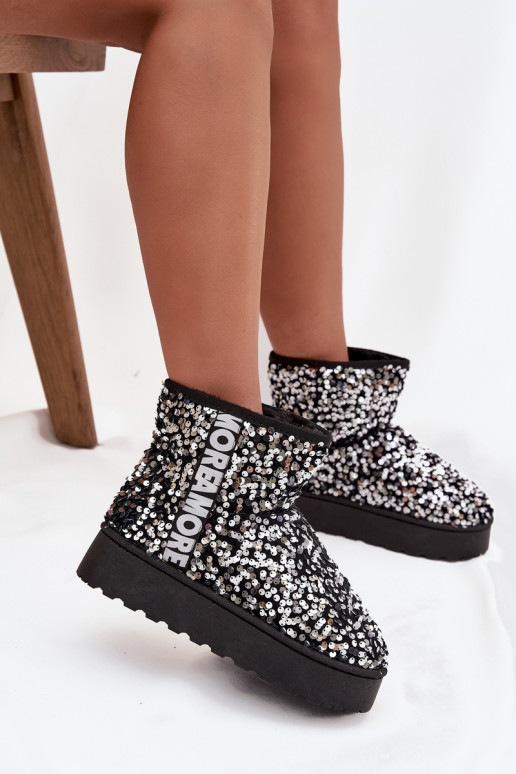 dames sneeuwlaarzen met platform, versierd met pailletten in zwart en zilver