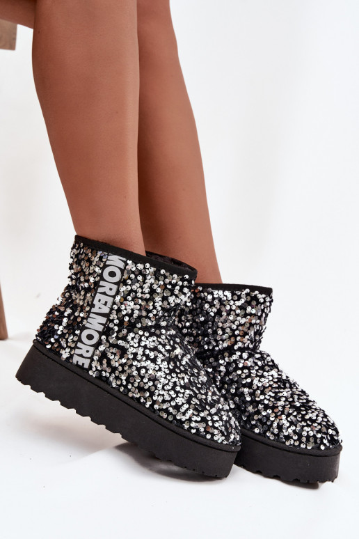dames sneeuwlaarzen met platform, versierd met pailletten in zwart en zilver