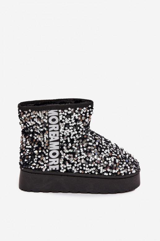 dames sneeuwlaarzen met platform, versierd met pailletten in zwart en zilver