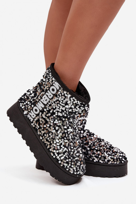 dames sneeuwlaarzen met platform, versierd met pailletten in zwart en zilver