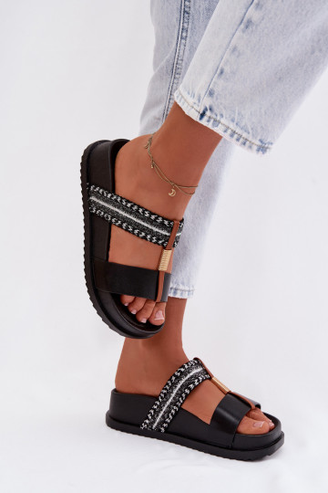 Zwarte dames slippers met platform, bandjes en gouden details Tahlia