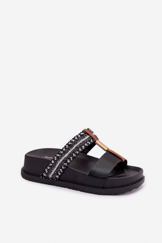 Zwarte dames slippers met platform, bandjes en gouden details Tahlia
