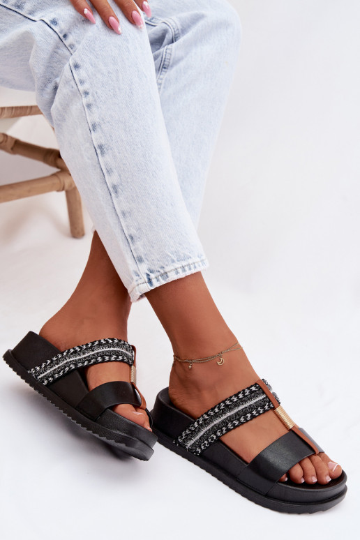 Zwarte dames slippers met platform, bandjes en gouden details Tahlia