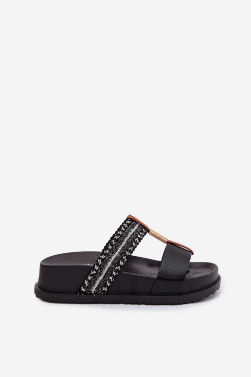 Zwarte dames slippers met platform, bandjes en gouden details Tahlia