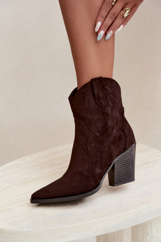 Cowboy-stijl enkellaarsjes voor dames met hakken in chocoladekleur Berella