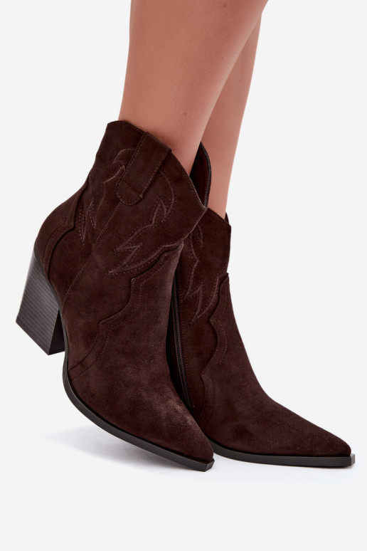 Cowboy-stijl enkellaarsjes voor dames met hakken in chocoladekleur Berella