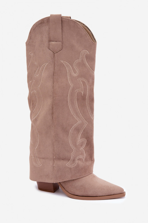 Lange cowboy-stijl laarzen met hakken en gestikte schacht in kaki kleur Irella