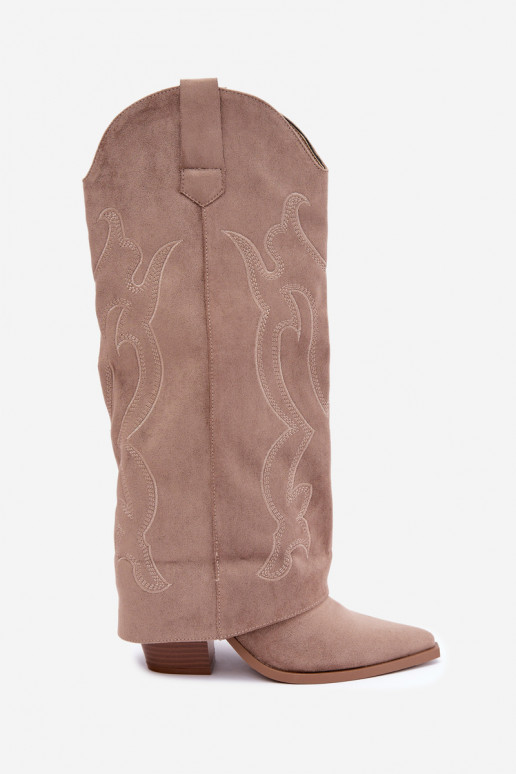 Lange cowboy-stijl laarzen met hakken en gestikte schacht in kaki kleur Irella