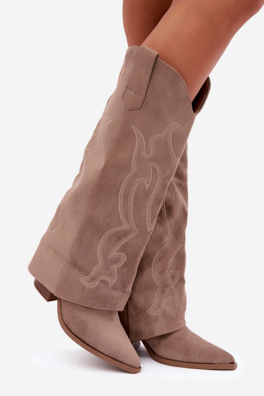 Lange cowboy-stijl laarzen met hakken en gestikte schacht in kaki kleur Irella