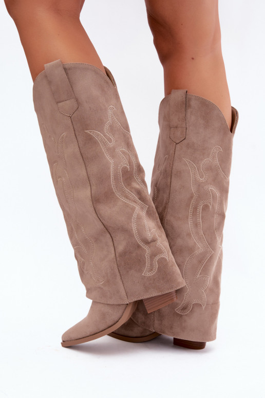 Lange cowboy-stijl laarzen met hakken en gestikte schacht in kaki kleur Irella