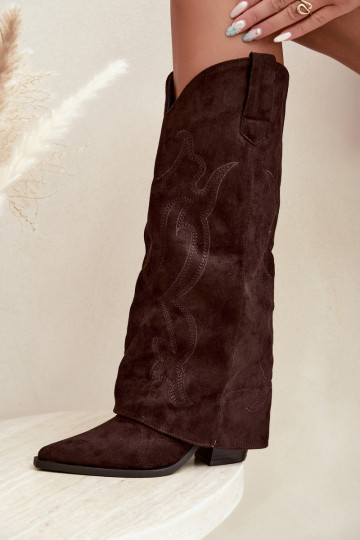 Lange cowboy-stijl laarzen met hakken en gestikte schacht in chocoladekleur Irella 2