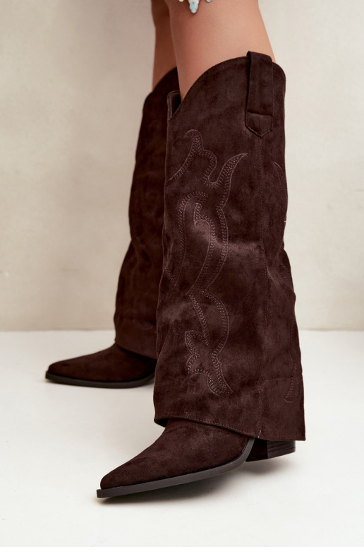 Lange cowboy-stijl laarzen met hakken en gestikte schacht in chocoladekleur Irella