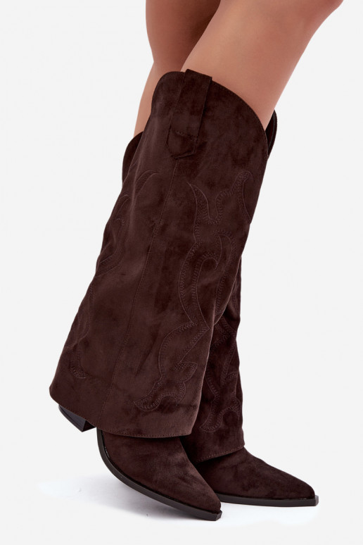Lange cowboy-stijl laarzen met hakken en gestikte schacht in chocoladekleur Irella