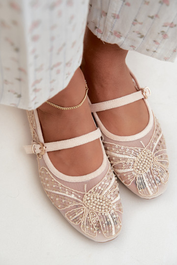 Mesh ballerina's met geborduurde bloemen en pailletten in zandkleur Caletta