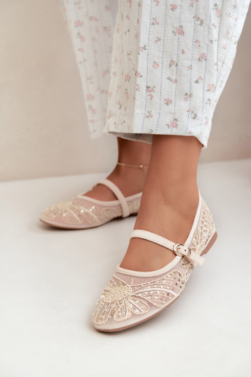 Mesh ballerina's met geborduurde bloemen en pailletten in zandkleur Caletta 2