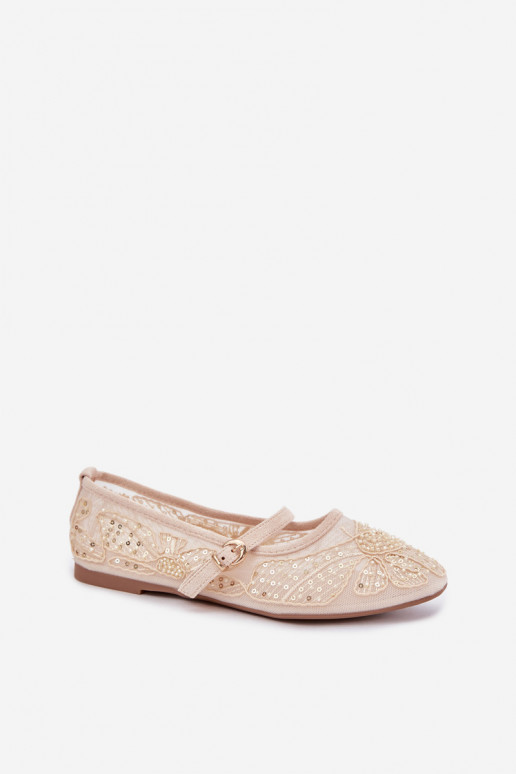 Mesh ballerina's met geborduurde bloemen en pailletten in zandkleur Caletta