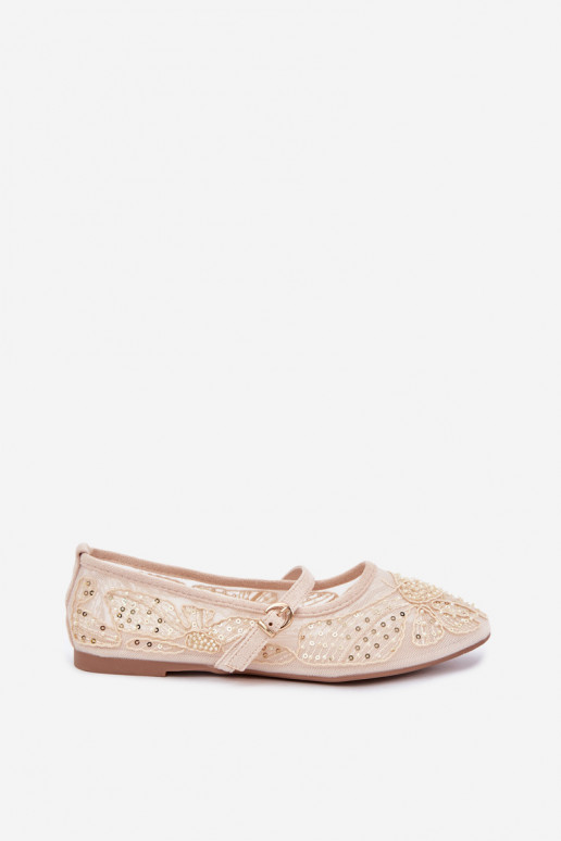 Mesh ballerina's met geborduurde bloemen en pailletten in zandkleur Caletta