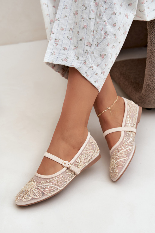 Mesh ballerina's met geborduurde bloemen en pailletten in zandkleur Caletta
