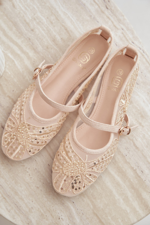 Mesh ballerina's met geborduurde bloemen en pailletten in zandkleur Caletta
