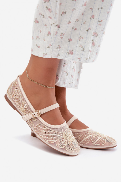 Mesh ballerina's met geborduurde bloemen en pailletten in zandkleur Caletta