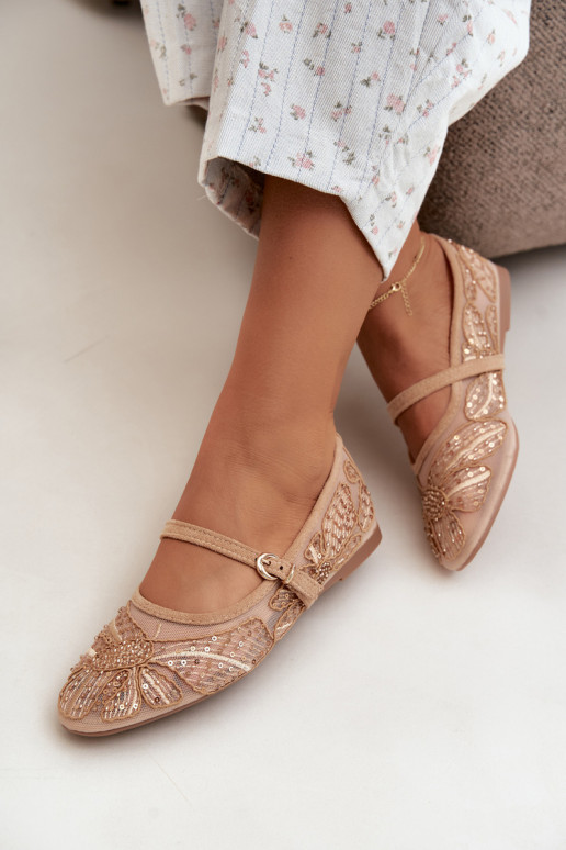 Mesh ballerina's met geborduurde bloemen en pailletten in zandkleur Caletta