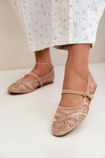 Mesh ballerina's met geborduurde bloemen en pailletten in zandkleur Caletta 2