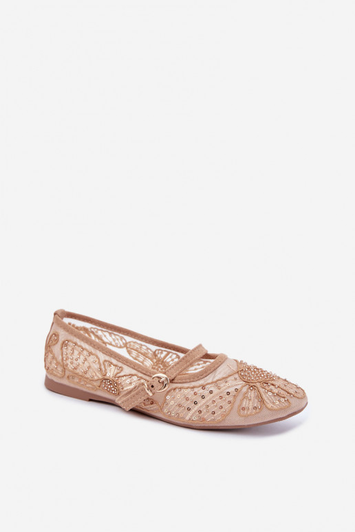 Mesh ballerina's met geborduurde bloemen en pailletten in zandkleur Caletta