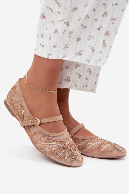 Mesh ballerina's met geborduurde bloemen en pailletten in zandkleur Caletta