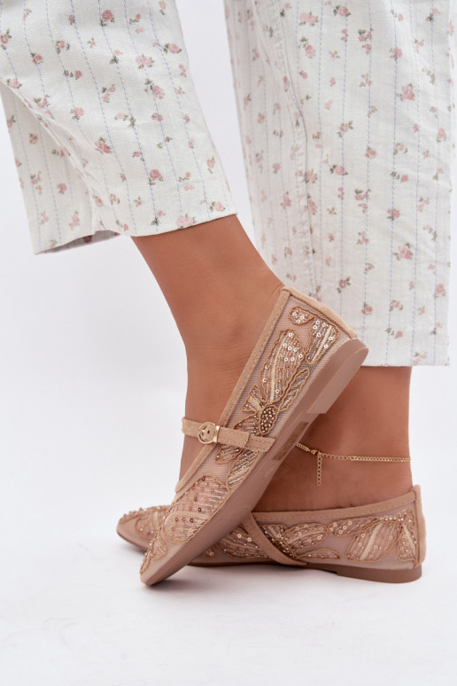 Mesh ballerina's met geborduurde bloemen en pailletten in zandkleur Caletta