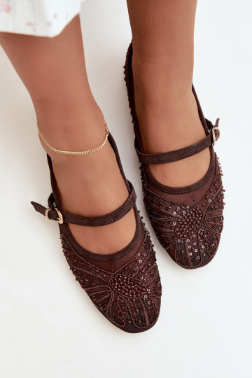 Mesh ballerina's met geborduurde bloemen en pailletten in chocoladekleur Caletta