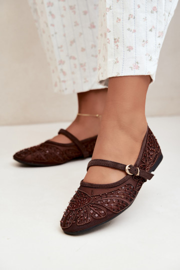 Mesh ballerina's met geborduurde bloemen en pailletten in chocoladekleur Caletta 2