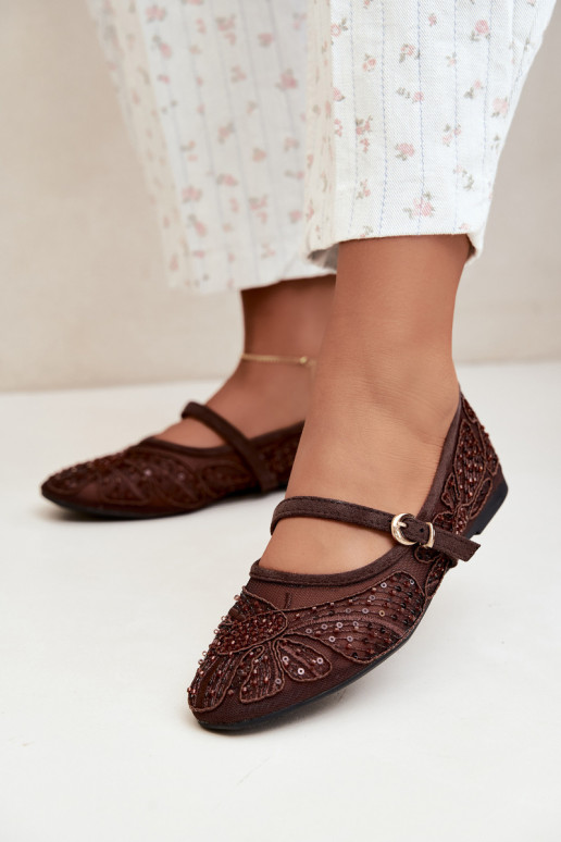 Mesh ballerina's met geborduurde bloemen en pailletten in chocoladekleur Caletta
