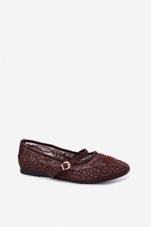 Mesh ballerina's met geborduurde bloemen en pailletten in chocoladekleur Caletta
