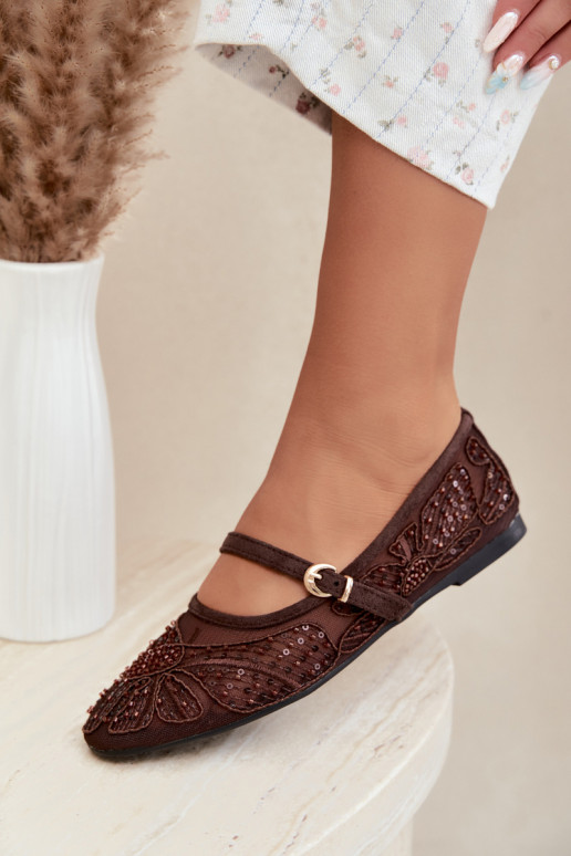 Mesh ballerina's met geborduurde bloemen en pailletten in chocoladekleur Caletta
